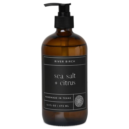 River Birch Sea Salt + Citrus Scented Natural Hand Soap - Handmade Soap - Moisturizing Hand Wash with Amber Glass Dispenser - Luxury Scented and Hydrating - Vegan and Non-Toxic - 16 Fl Oz
