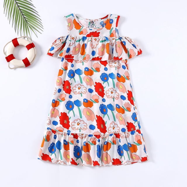 Économies d'Été! Robe d'Été pour Enfants, Robes Décontractées pour Filles en Liquidation, Nouvelle Robe d'Été à la Mode pour Filles à Manches Courtes Volantées, Col Rond, Imprimée, Robe, Jolie Robe Débardeur