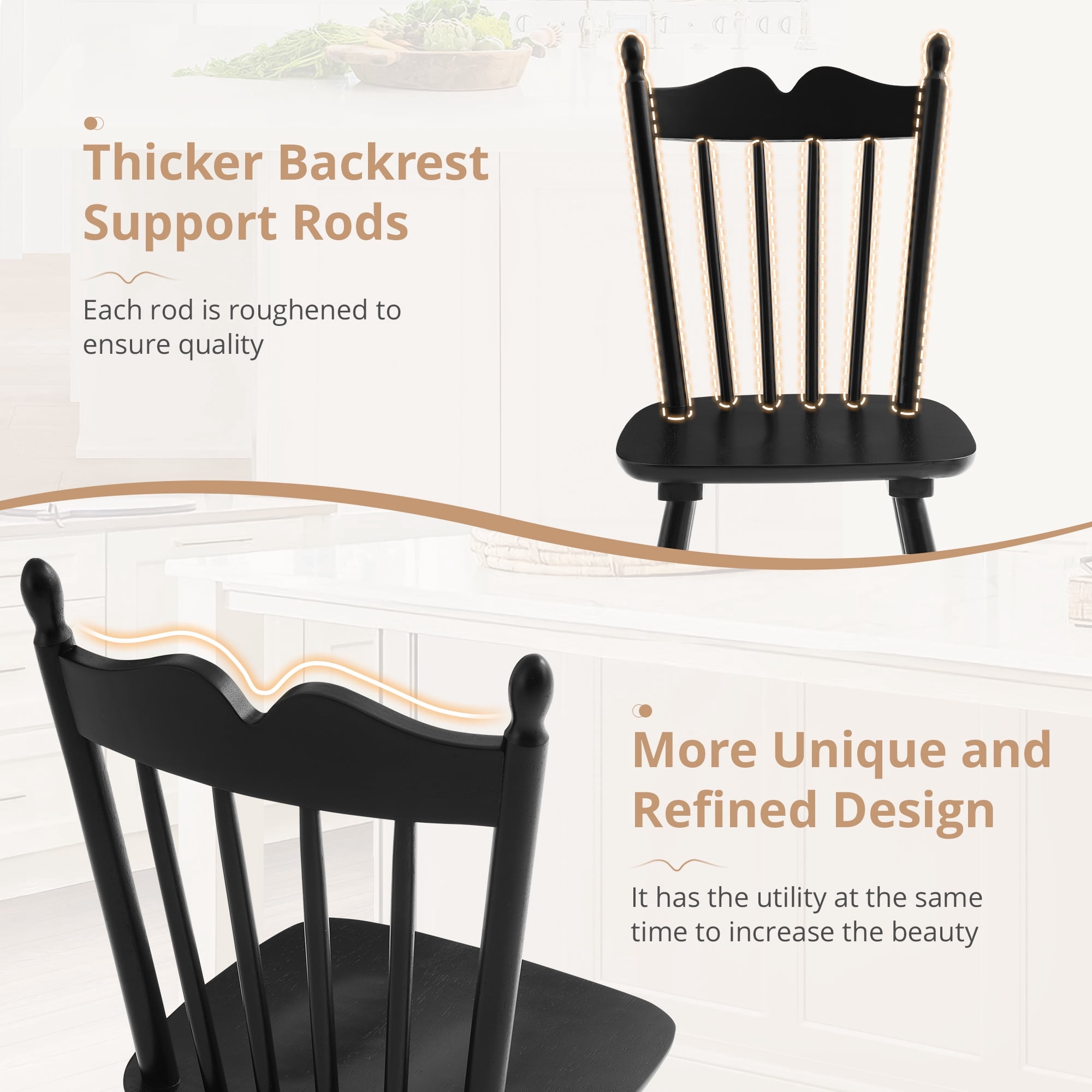 Dycanpo Dining Chairs Set of 4, Windsor Wooden Dining Chair with Thickened Backrest for Kitchen, Black