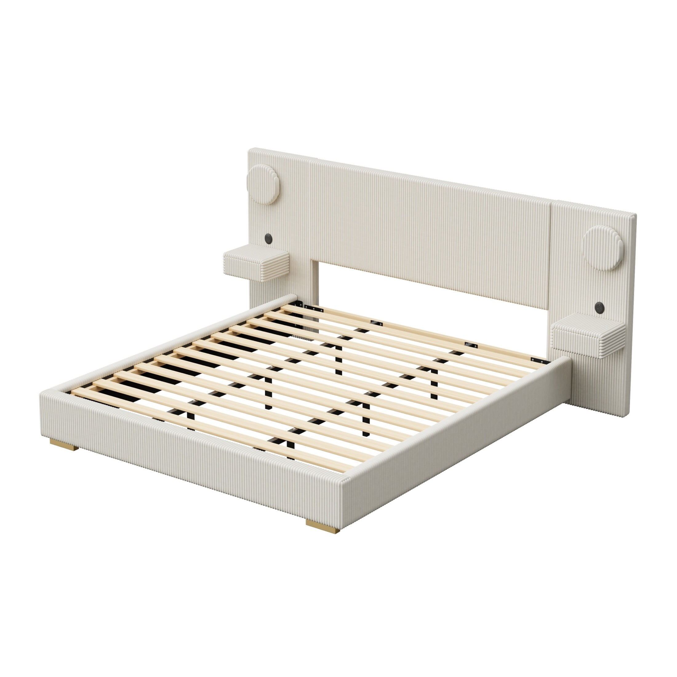 Noble House Dellas King Size Upholstered Platform Bed with LED Lights, Charging Ports & Side Storage Drawers, Beige