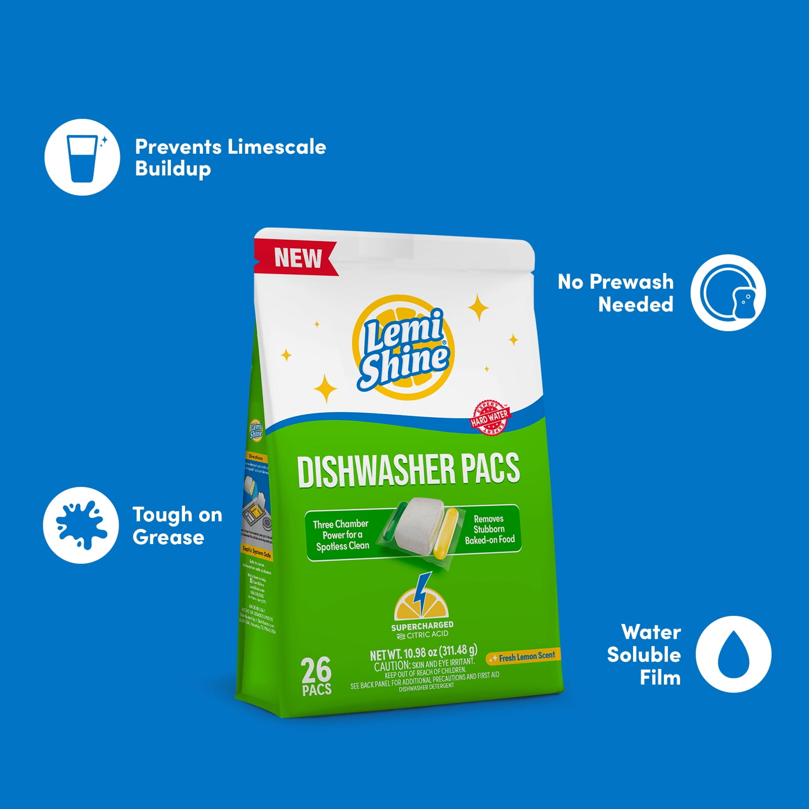 (6 pack) Lemi Shine Auto Dish Detergent Pods, Fresh Lemon Scent, 26 Count
