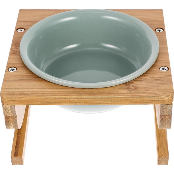 Ceramic Elevated Cat Bowl Set With Wood Stand Designed For Pet Owners Light Green Easy To Clean Angled Shape 1 Set