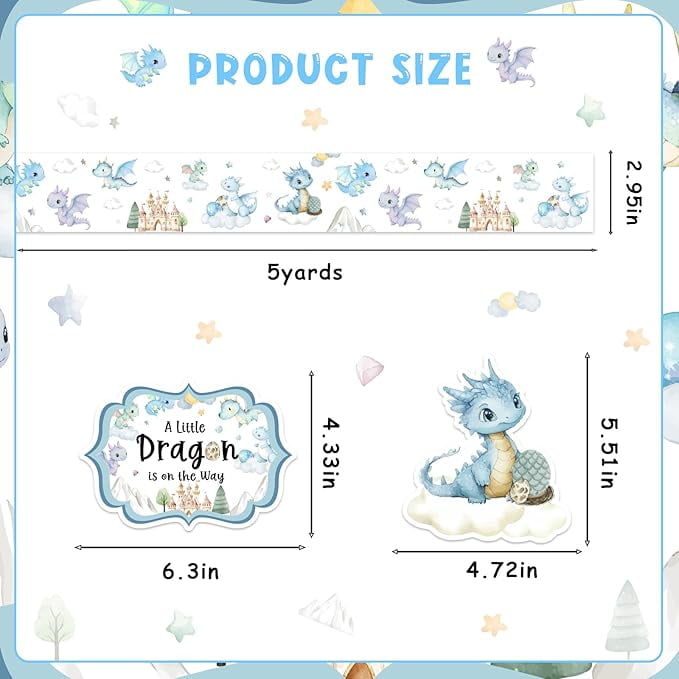 Dragon Theme Baby Shower Diaper Cake Decorations, Hatching Soon Baby Shower Cards Grosgrain Ribbon Dragon Printed, Blue Bows Artificial Camellia Flowers for Party Decor
