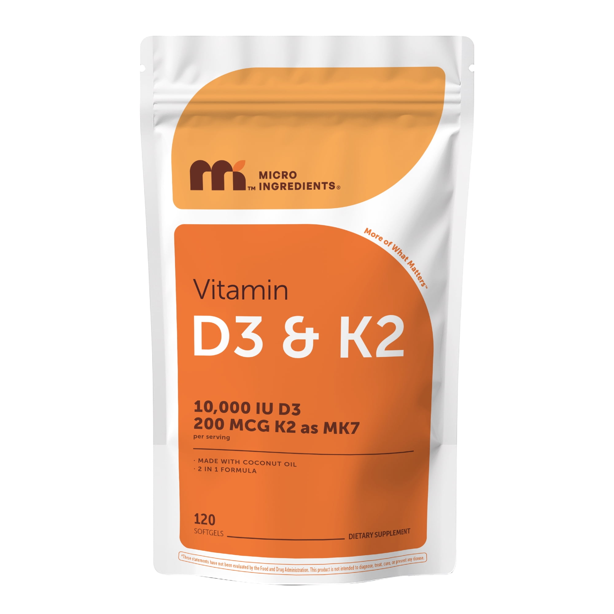 Micro Ingredients Vitamin D3 and K2 Vitamin Supplement Softgels, 10,000 IU D3 with MK-7 200 Mcg, Virgin Coconut Oil, 120 Count