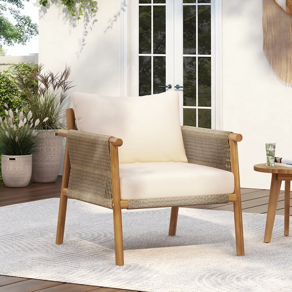 DRNANLIT 28" Modern Outdoor Woven Lounge Chair with Solid Wood Frame – Polyester Cushions for Patio, Garden or Balcony, Natural