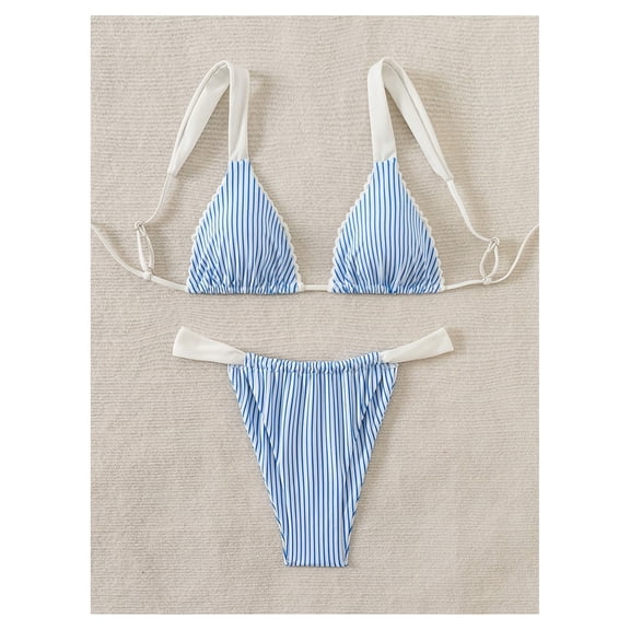 Blue Striped Bikini Set for Women - 2 Piece Swimsuit Adjustable Straps Ruffled Bathing Suit Cute Summer Beachwear Padded Push Up Top with High Waisted Bottom