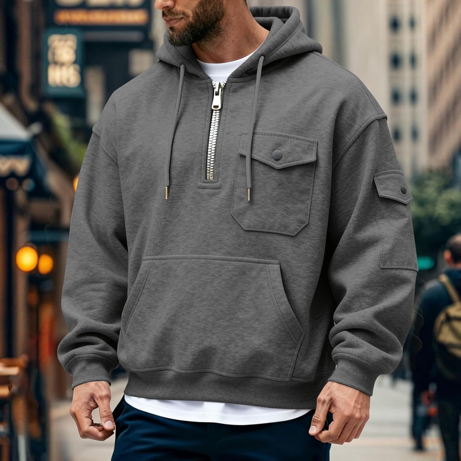 Sweat à Capuche Épais Veste à Fermeture Éclair Complète avec Multiples Poches pour Tenue Décontractée Extérieure Confort et Chaleur