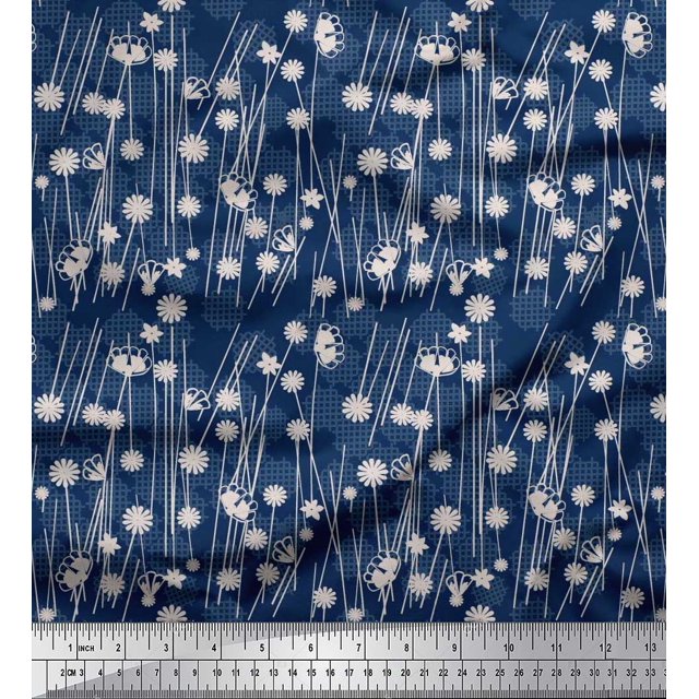 Soimoi Poly Georgette Fabric Geometrical Check & Aster Floral Fabric Prints By Yard 52 Inch Wide