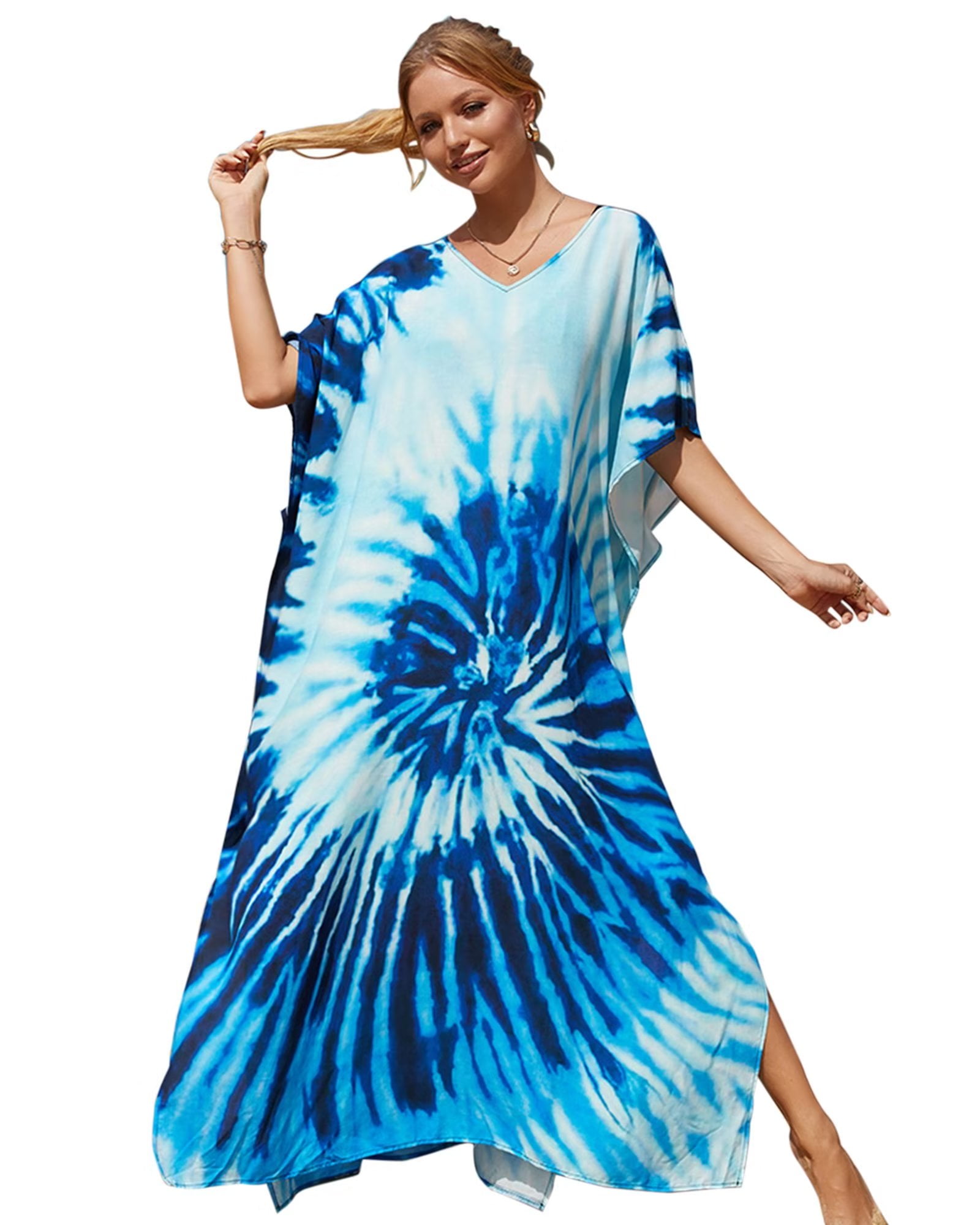 Edolynsa Women's Plus Size Kaftan Printed Long Beach Dress Batwing