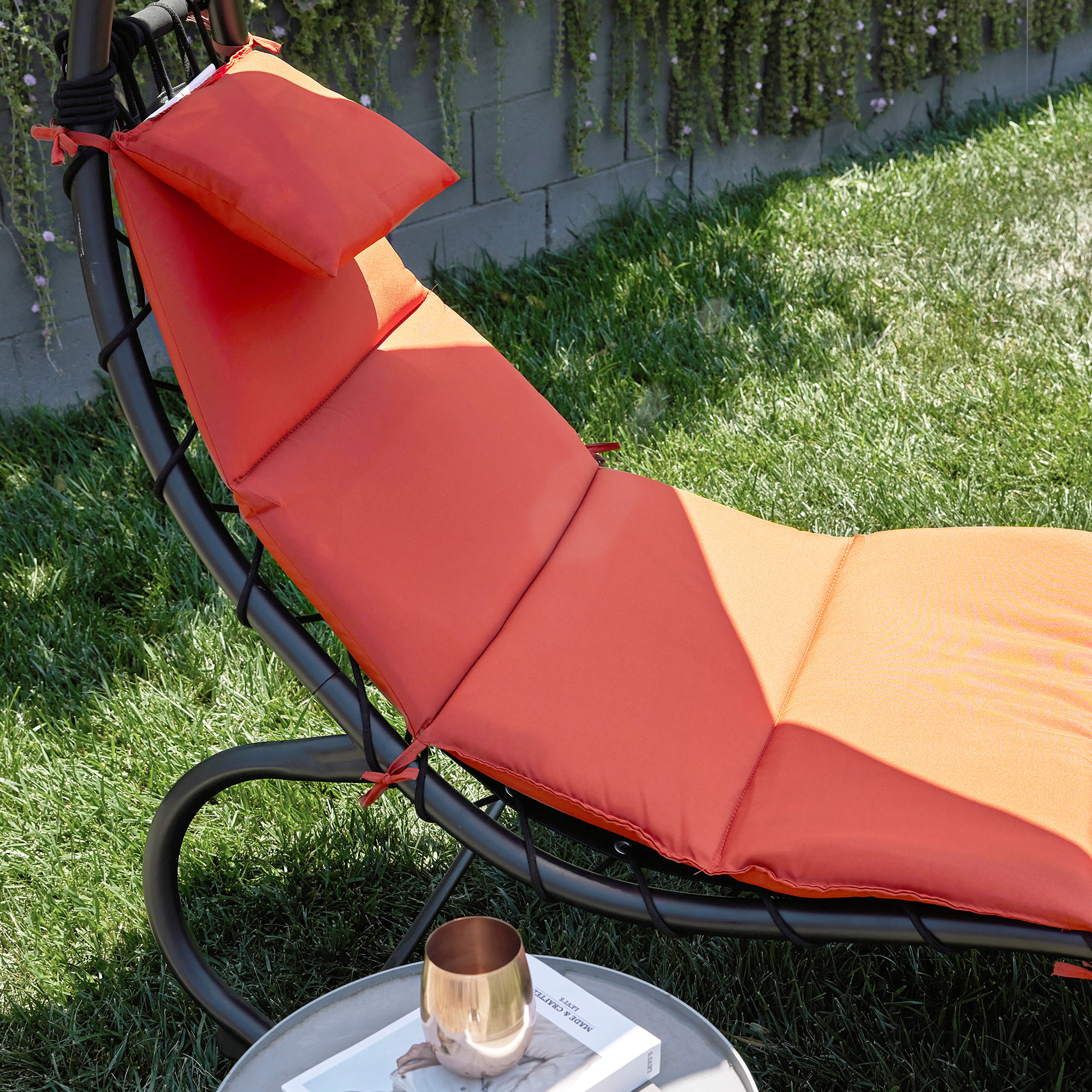 BELLEZE Outdoor Hanging Chaise Lounge Chair Swing Curved Cushion Seat Hammock With Canopy Sun Shade, Orange - image 2 of 4