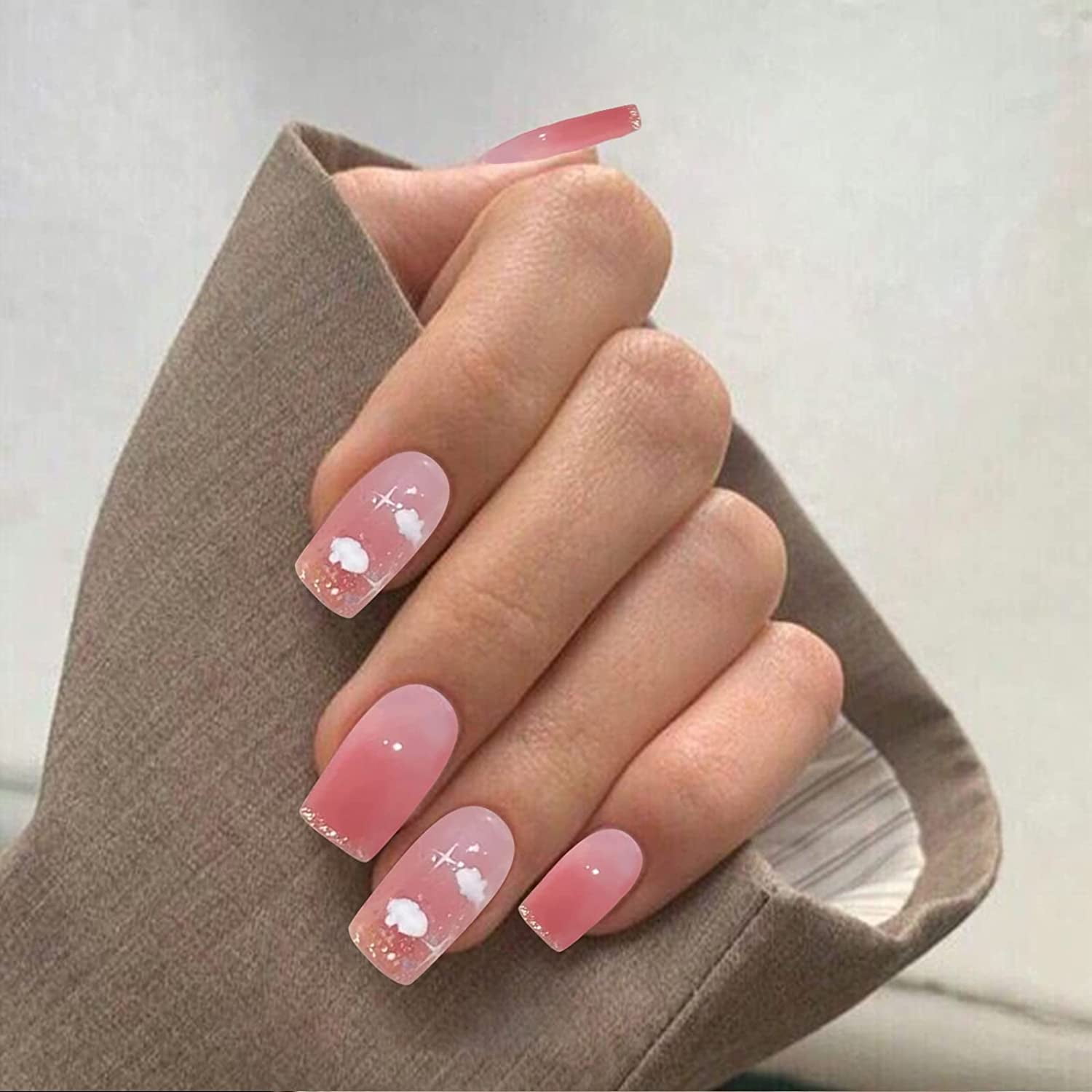 Pink Gradient Press on Nails Square Glue on Nails Short Fake Nails with