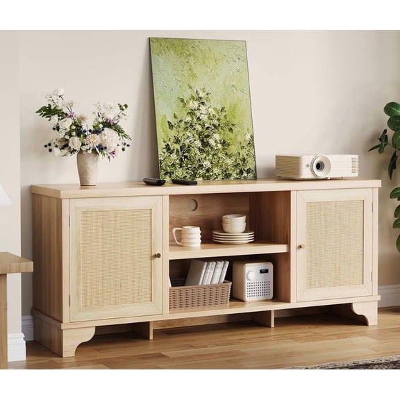 Accreate Rattan TV Stand for Living Room, Boho Entertainment Center for 55, 65, 70 Inch TV, Wooden Console Cabinet with Storage and Shelf