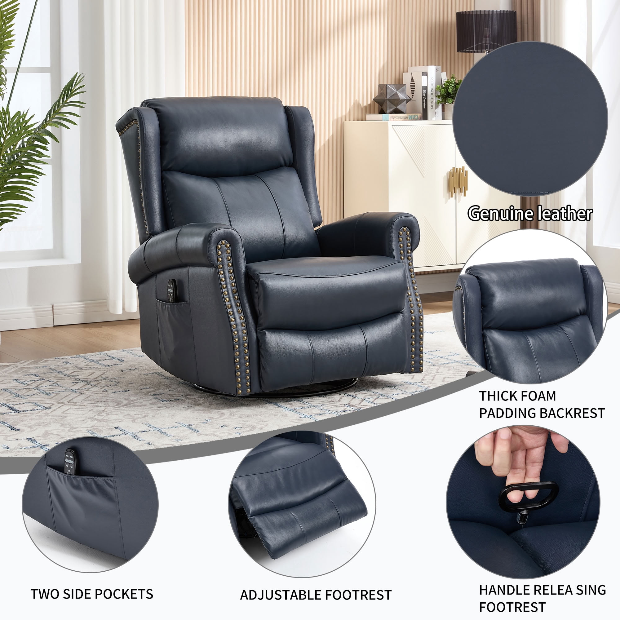 MAYEERTY 360 Degree Swivel Rocker Recliner Chair, Genuine Leather Manual Recline Glider Armchair with 8-Point Vibration Massage & Lumbar Heat, for Living Room Home Theater