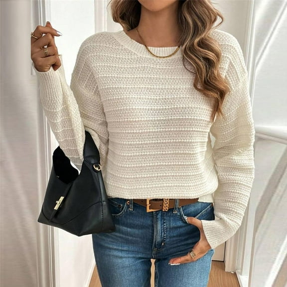 DAFPZW Womens Ribbed Knit Sweaters Textured Drop Shoulder Long Sleeve Crew Neck Pullover Tops