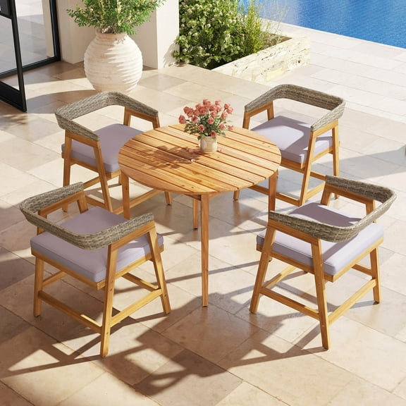 Costway 5 Piece Patio Dining Set Outdoor Solid Wood Furniture with Rattan Backrest
