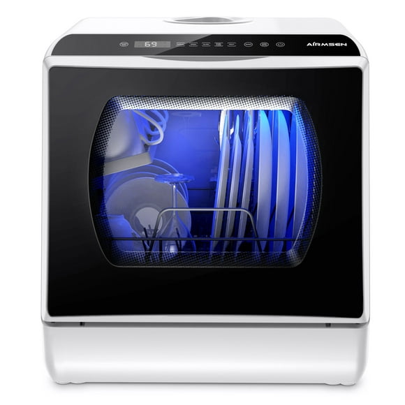 AIRMSEN Lave-vaisselle de Comptoir Portable avec Réservoir d'Eau Intégré de 5 Litres et Fonction Air-Sec, AE-TDQR03, Blanc/noir