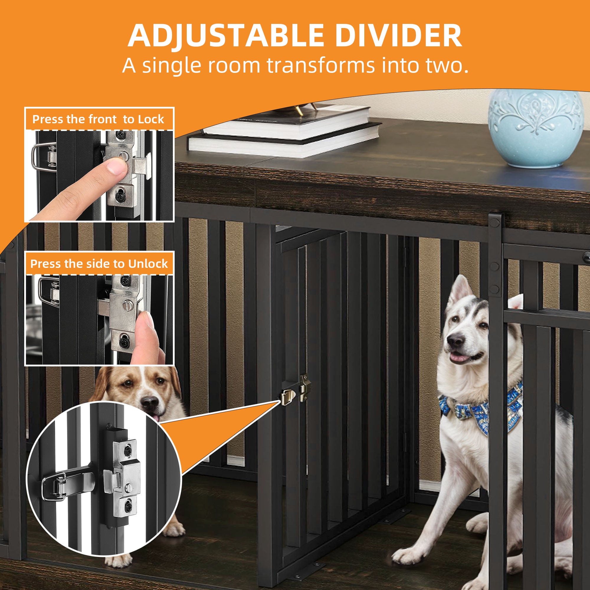 Craftian 71In Farmhouse Dog Crate TV Stand, Wooden Dog Kennel Furniture with 4 Dog Bowls, Large Dog Crate Furniture for 2 Dogs - Black Oak