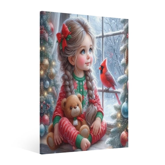 Vintage Christmas Cute girl and Northern Cardinal bird Wall Art Paint Framed - Xmas Festive Winter Holiday Christmas Wall Decor Canvas Print for Living Room Kitchen Bathroom Home Bedroom Decor