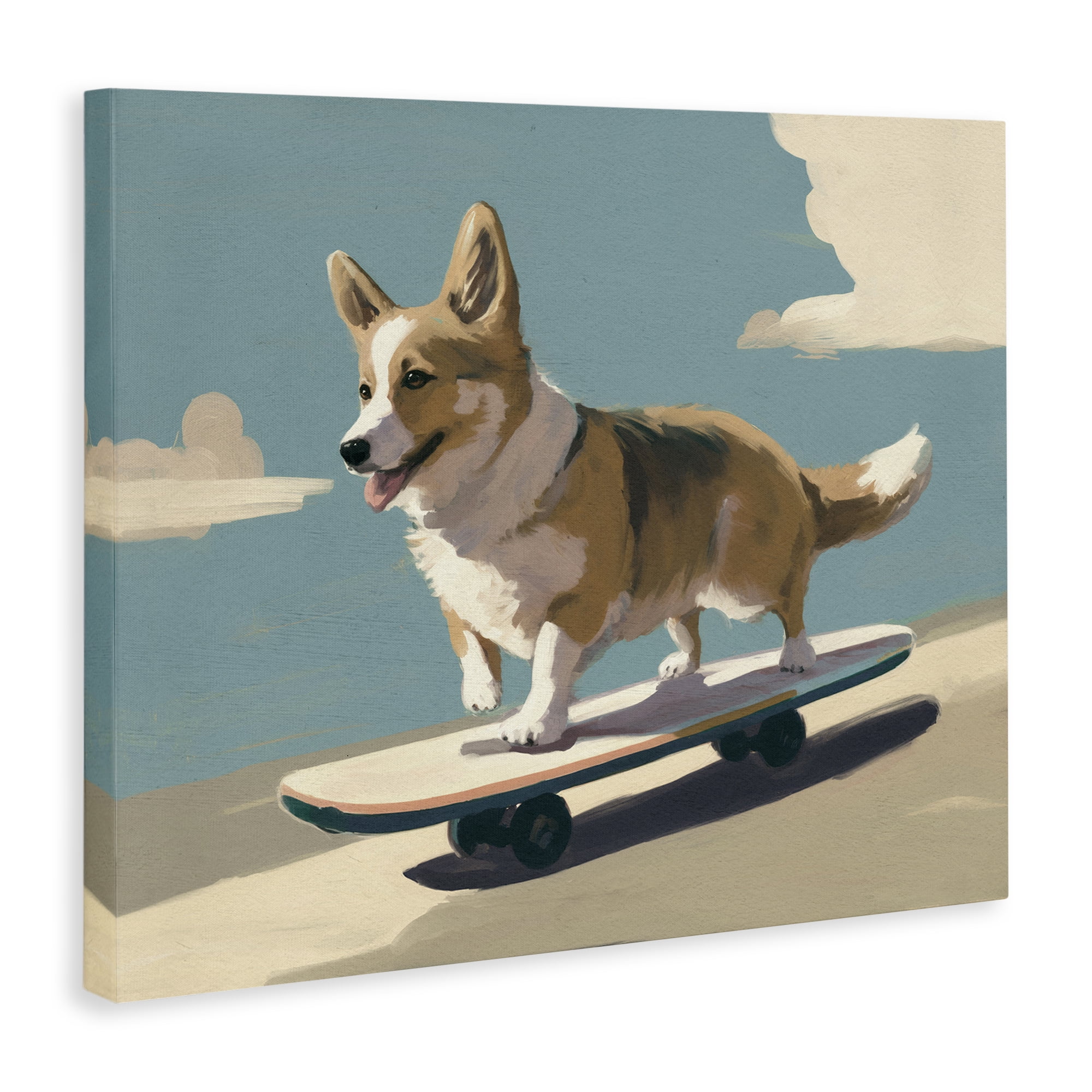 Stupell Industries Skateboarding Corgi Dog Animals Painting Wrapped Canvas Art Print Wall Art, 20 x 16