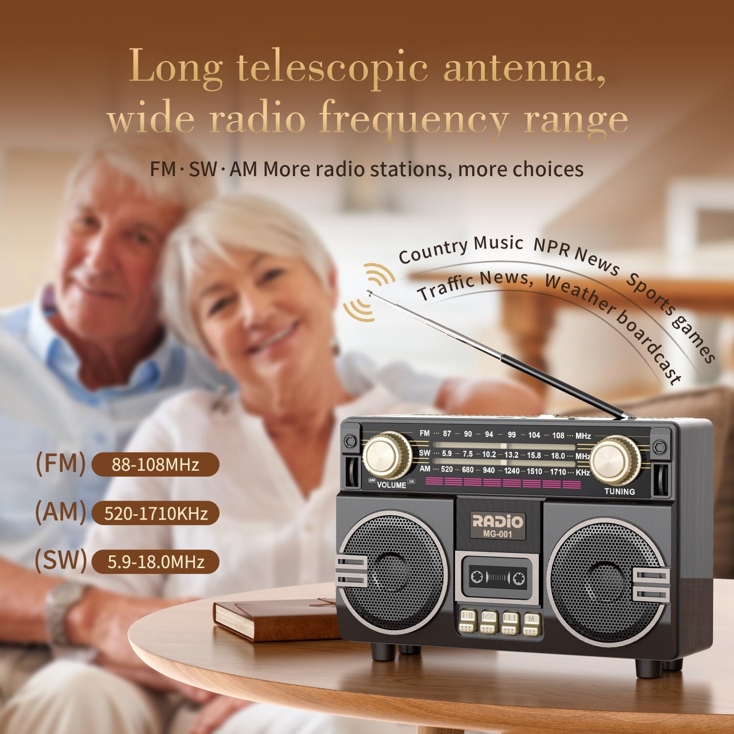 Portable AM/FM Radio with Dual Speakers, USB-C Rechargeable Retro Radio, Transistor Radios with Excellent Reception, Easy-to-Use Large Knob, Portable AM/FM Radios for Seniors at Home and Outdoors