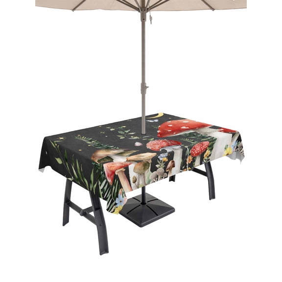 Outdoor Tablecloths with Umbrella Hole & Zipper, Mushroom Tablecloth Rectangle 60x84 Inch, Botanical Watercolor Floral Leaf Butterfly Plant Waterproof Table Cloth, Patio/Pool/Picnic Table Covers