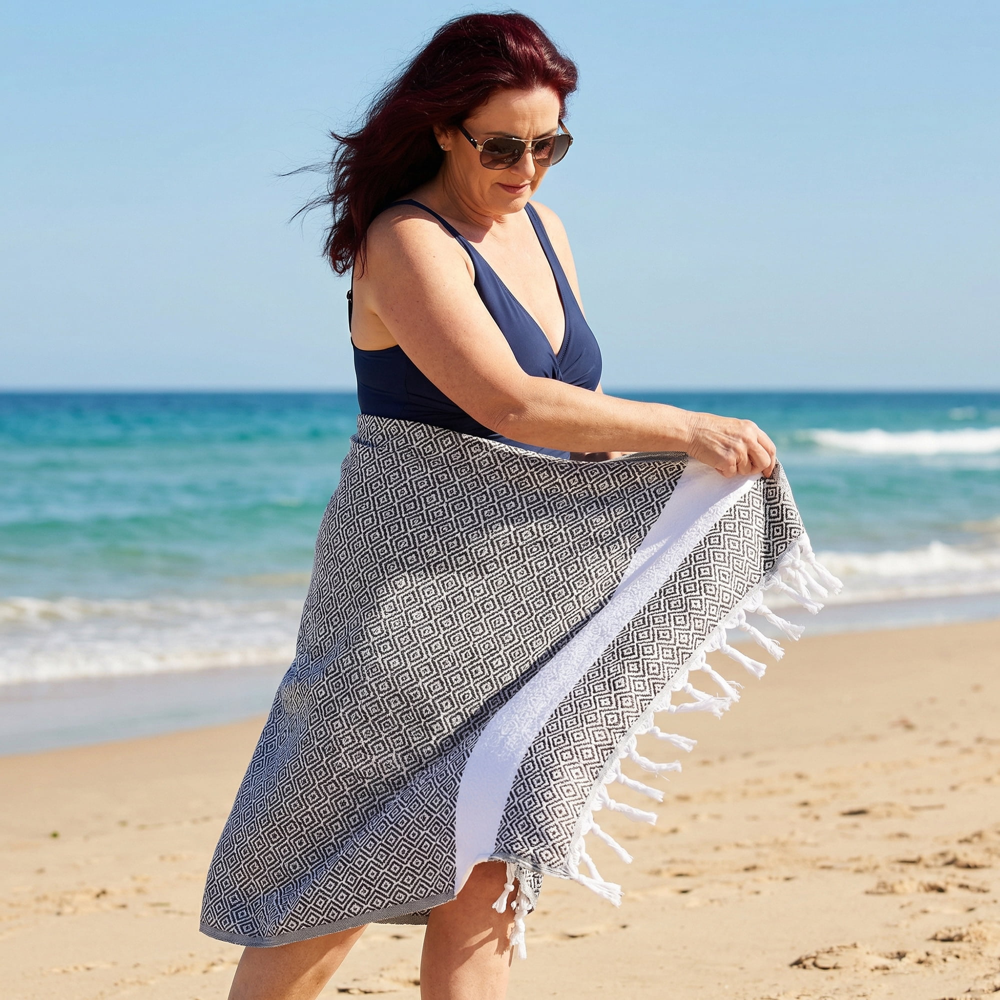 Unique Bargains Geometric Sandproof Turkish Beach Towel Dark Grey 71"x40"