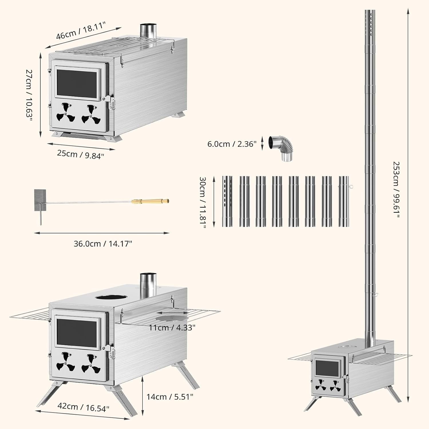 SLSY Hot Tent Stove, Camping Wood Stove for Tent, Portable Stainless Steel Wood Burning Stove with 7 Chimney Pipes for Wall Tent Camping, Cooking, Hunting, Boiling Water，Ice Fishing - Large
