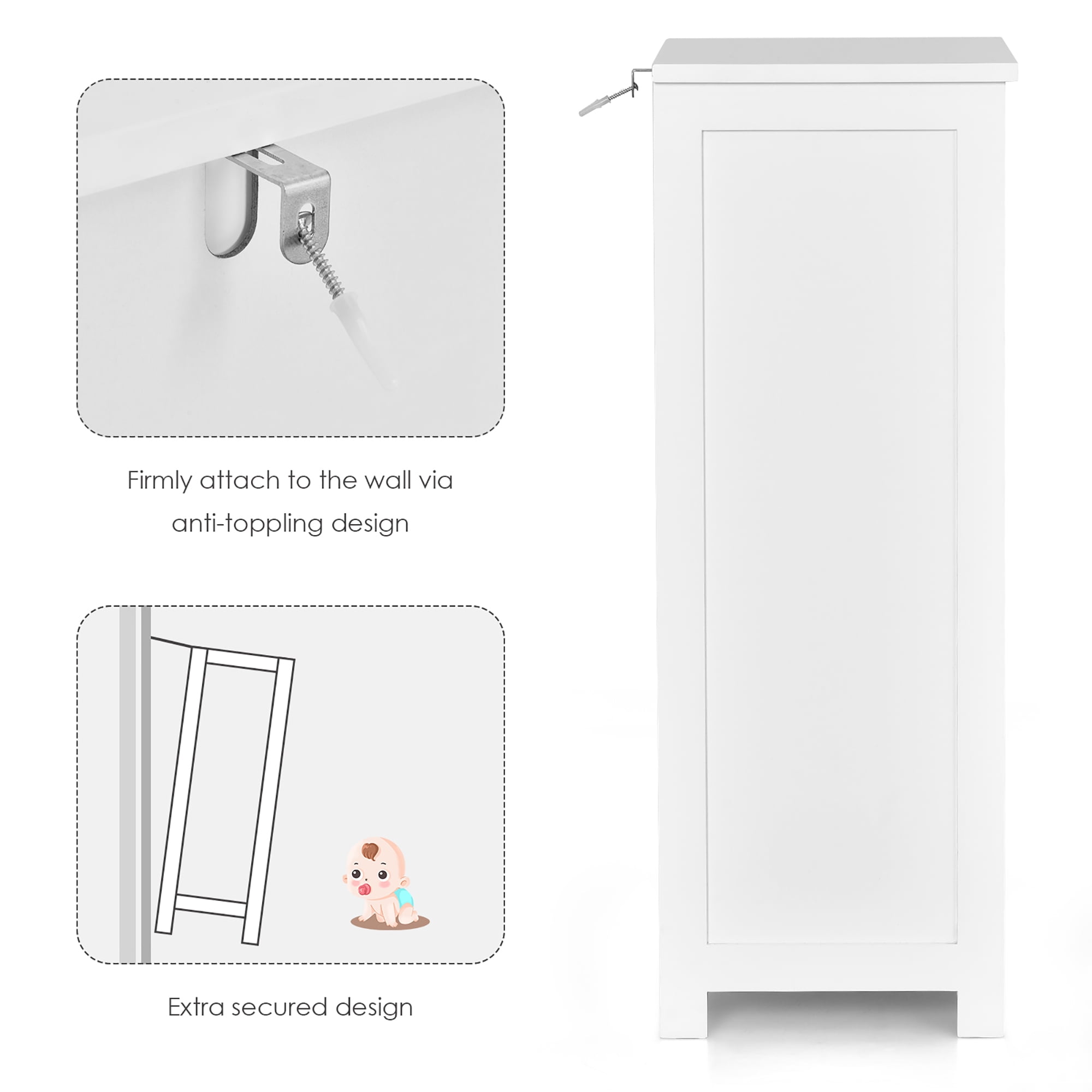 Costway White Floor Storage Cabinet Bathroom Organizer Free Standing 4 Drawers