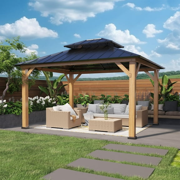 COOS BAY 11 x 13 Outdoor Patio Wood Gazebo, Hardtop Gazebo with Galvanized Steel Double Roof