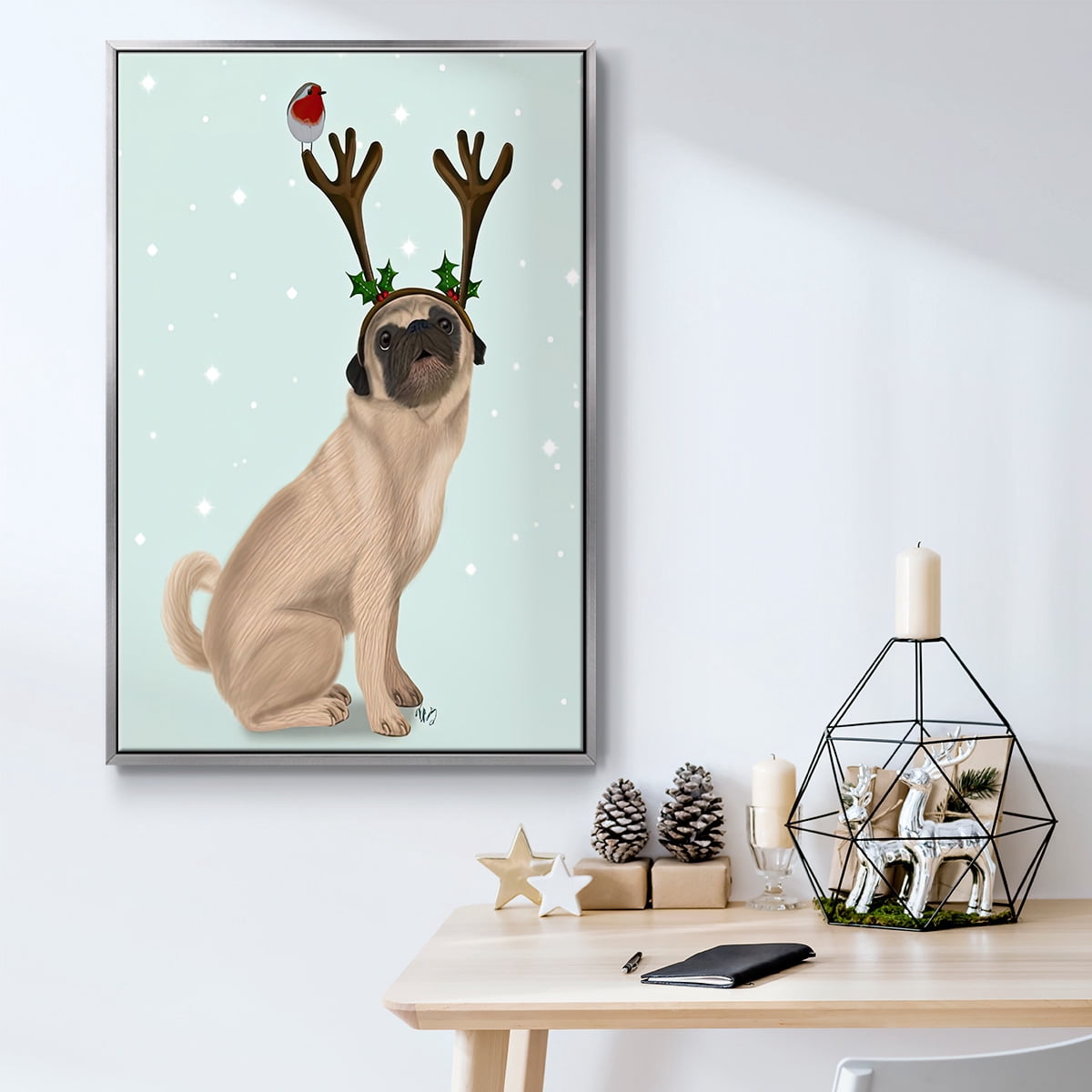 Christmas Pug with Antlers and Robin - Framed Gallery Wrapped Holiday Canvas - 17 x 25 - Silver Frame