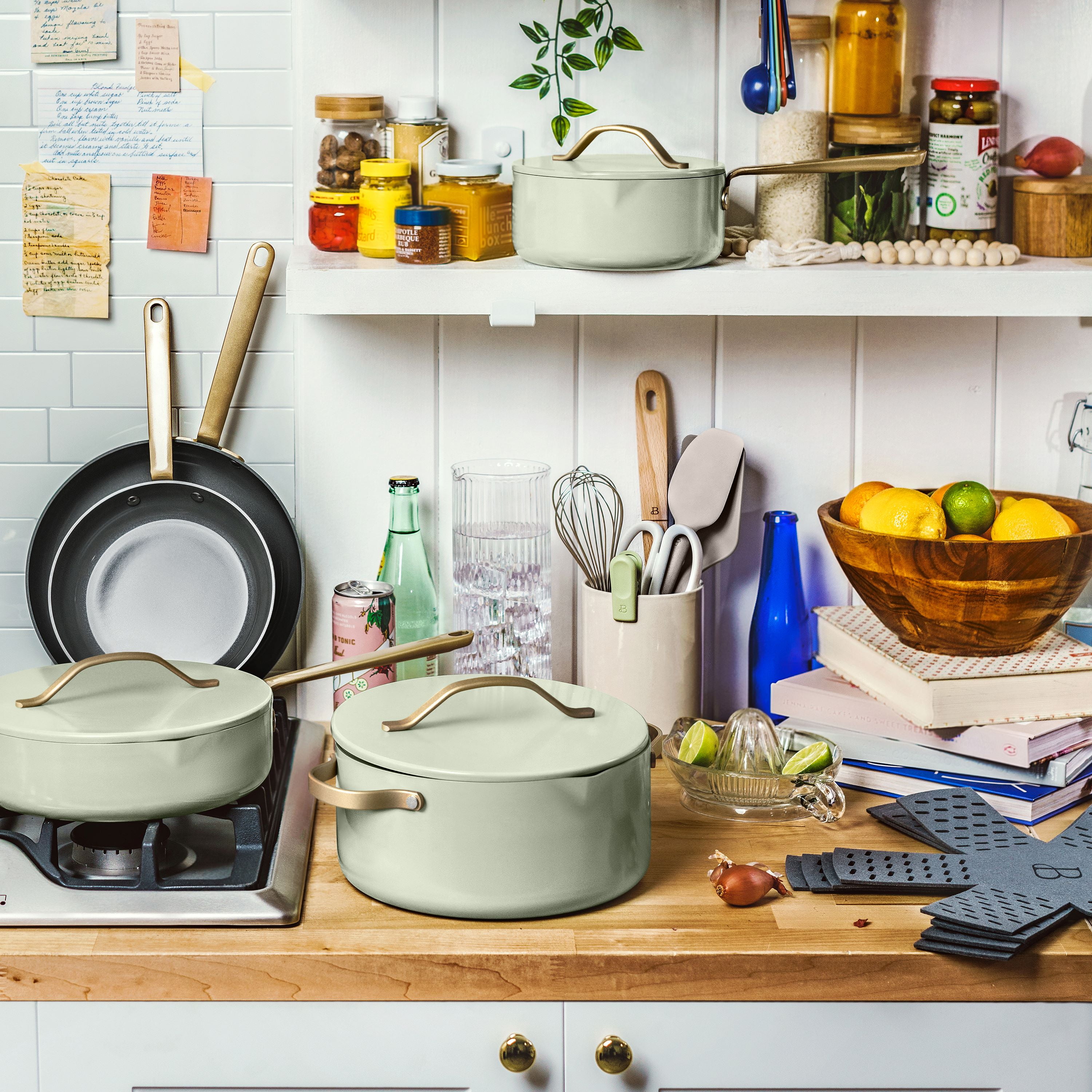 Beautiful 12-Piece Ceramic Nonstick Cookware Set, Pots and Pans with Strainer Lids, Sage Green by Drew Barrymore