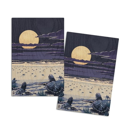 

Sea Turtles Hatching Illustration (4x6 Birch Wood Postcards 2-Pack Stationary Rustic Home Wall Decor)