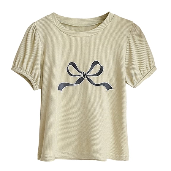 Girl Tshirts Lounge Tops Tee for Girl Lantern Short Sleeve Print Loose Fit Bow Tie Crochet Striped Summer Fall Tee Shirt 2026 Clothing Fashion
