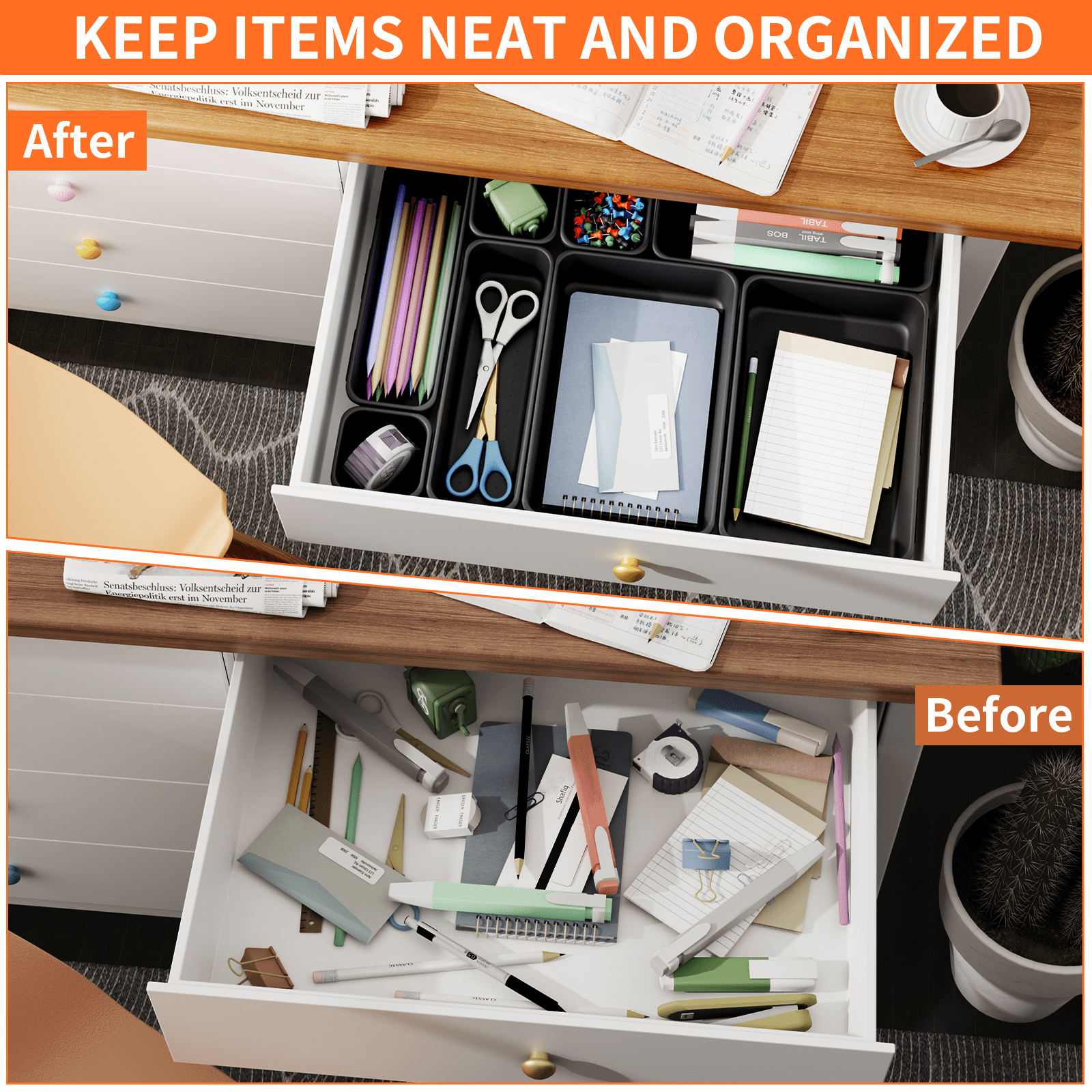 HAIDAIYA 45 Pack Plastic Drawer Organizer Trays, 3-Sizes Vanity and Desk Storage Bins, tool box Organizers for Makeup, Jewelry, Gadgets, Utensils, Black
