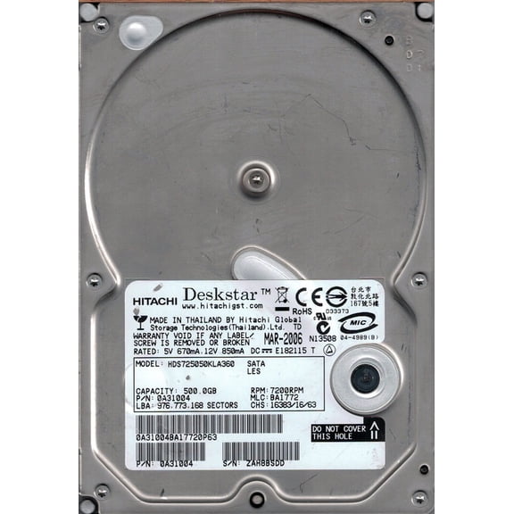 HDS725050KLA360 P/N: 0A31004 MLC: BA1772 Hitachi 500GB