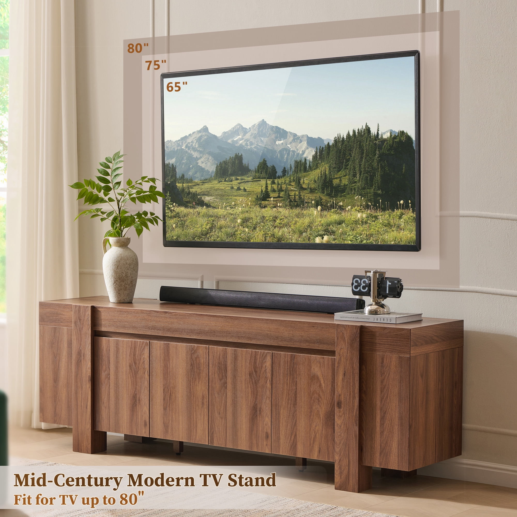 KeyWhat TV Stand for TVs Up to 80", Modern Farmhouse Entertainment Center with Storage Cabinet, Media Console Table for Living Room, Light Walnut