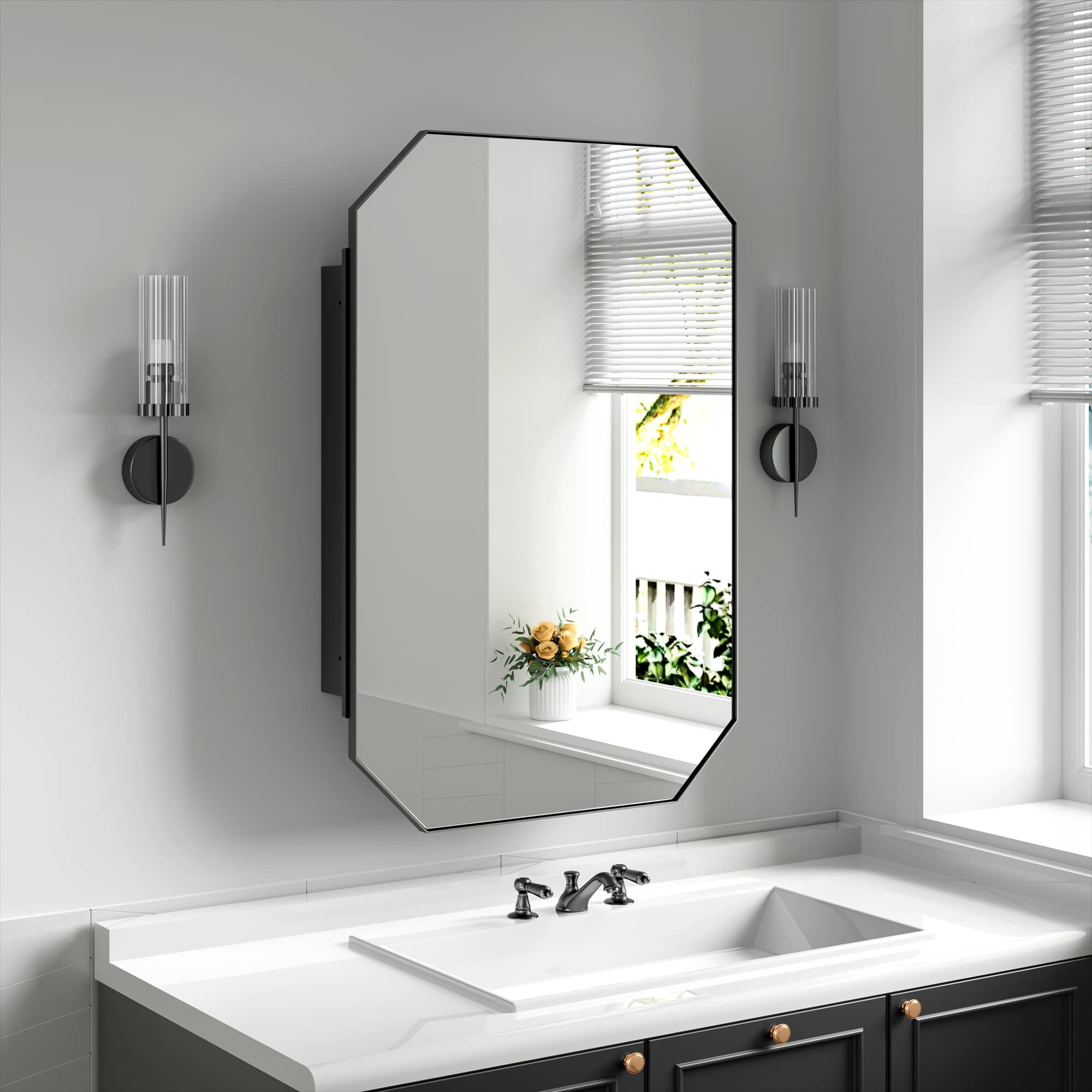 MAYEERTY 36"x24" Iron Octagonal Medicine Cabinet with Mirror for Bathroom , Black