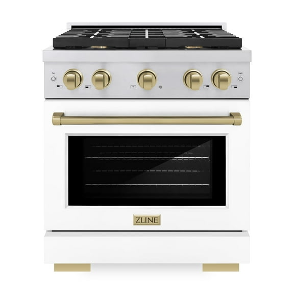 ZLINE Autograph Edition 30 in. 4.2 cu. ft. Paramount Gas Range with 4 Burner Cooktop and Convection Gas Oven in Stainless Steel with White Matte Door and Champagne Bronze Accents (SGRZ-WM-30-CB)