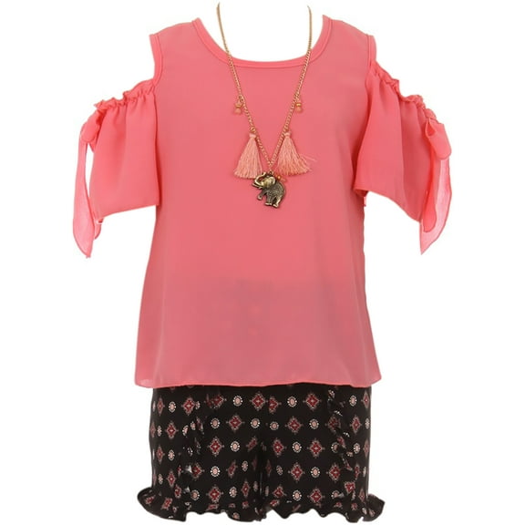 Little Girl Cold Shoulder Blouse Top Ruffle 2 Pieces Short Set Girls Clothing Coral 4
