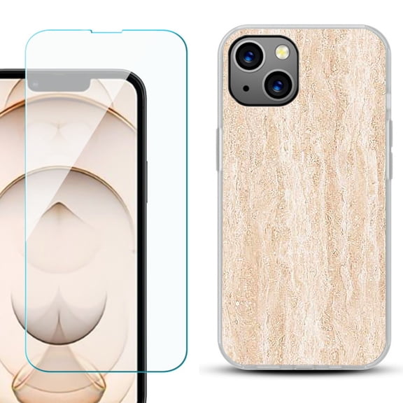 Slim-Fit Flexible TPU Gel Phone Case for iPhone 13, with Tempered Glass Screen Protector, by OneToughShield ® - Marble/Coffee Tone