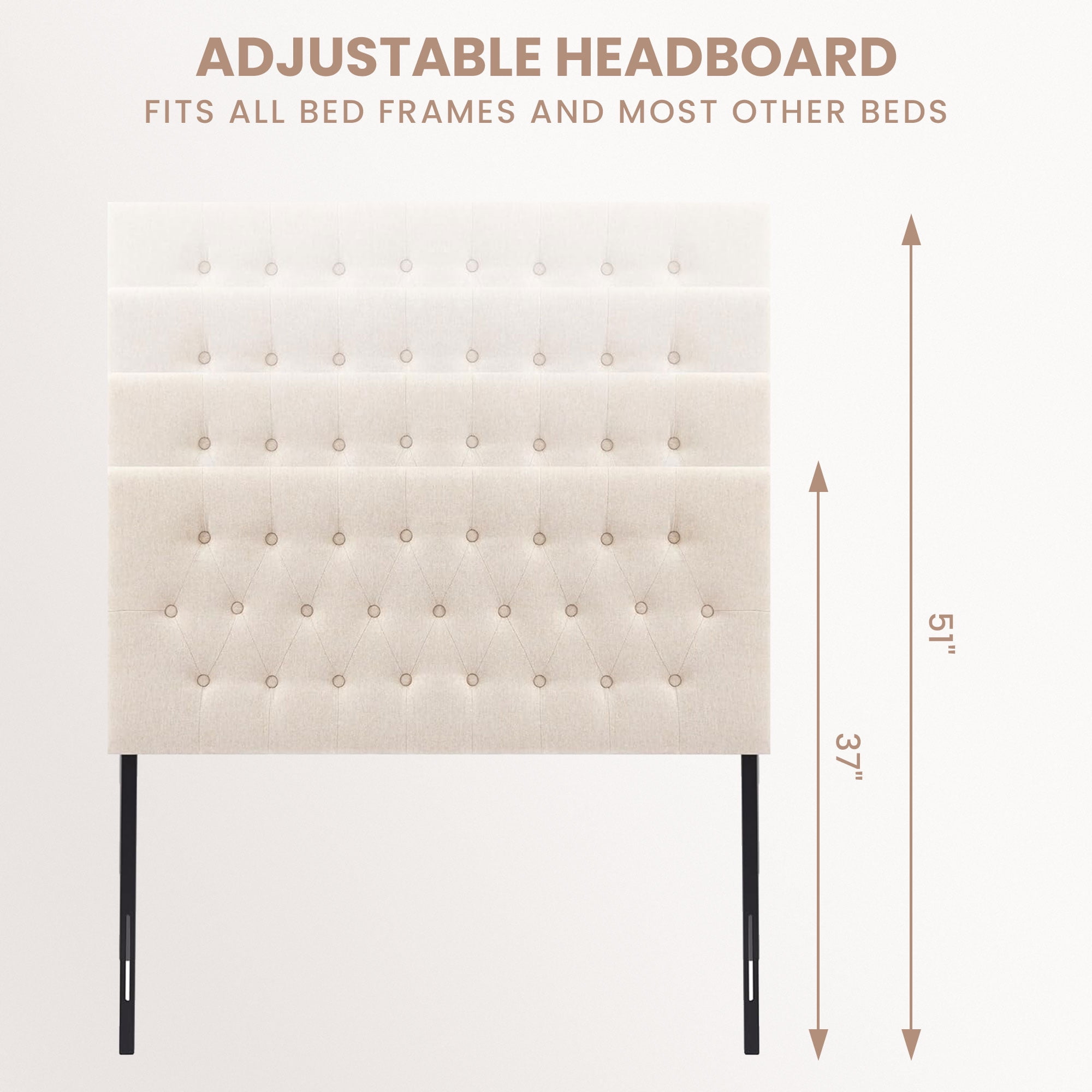 JONPONY Tufted Upholstered Headboard Queen Size, Solid Wood Head Board with  Adjustable Height  Headboard from 37" to 51",Bed Frame Adapters,Beige,Headboard Only