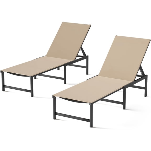 Chaise Lounge Chair Outdoor,Aluminum Patio Lounge Chairs Set of 2, Adjustable 5-Position Recliner and Full Flat Tanning Chair with Pillow for Pool, Outside,Beach,Khaki