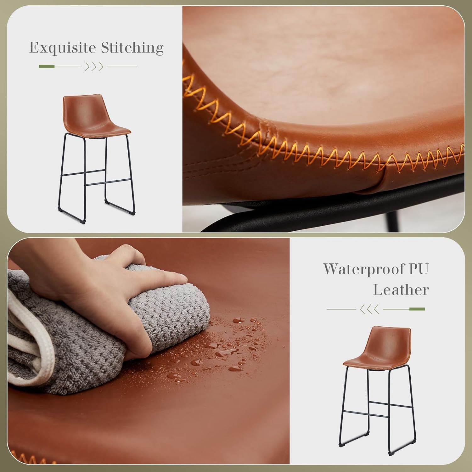 MAYEERTY 30 Inch Barstools High PU Leather Counter Bar Stool with Back and Footrest Set of 2, Brown