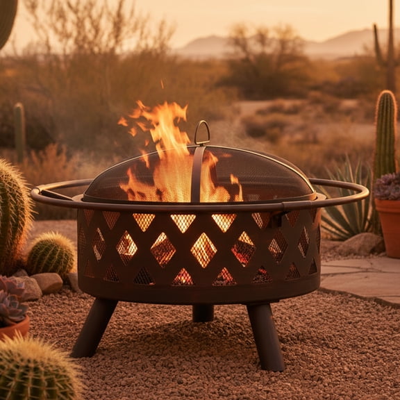 Sunnydaze 30" Round Wood-Burning Bronze Finish Crossweave Fire Pit with Spark Screen