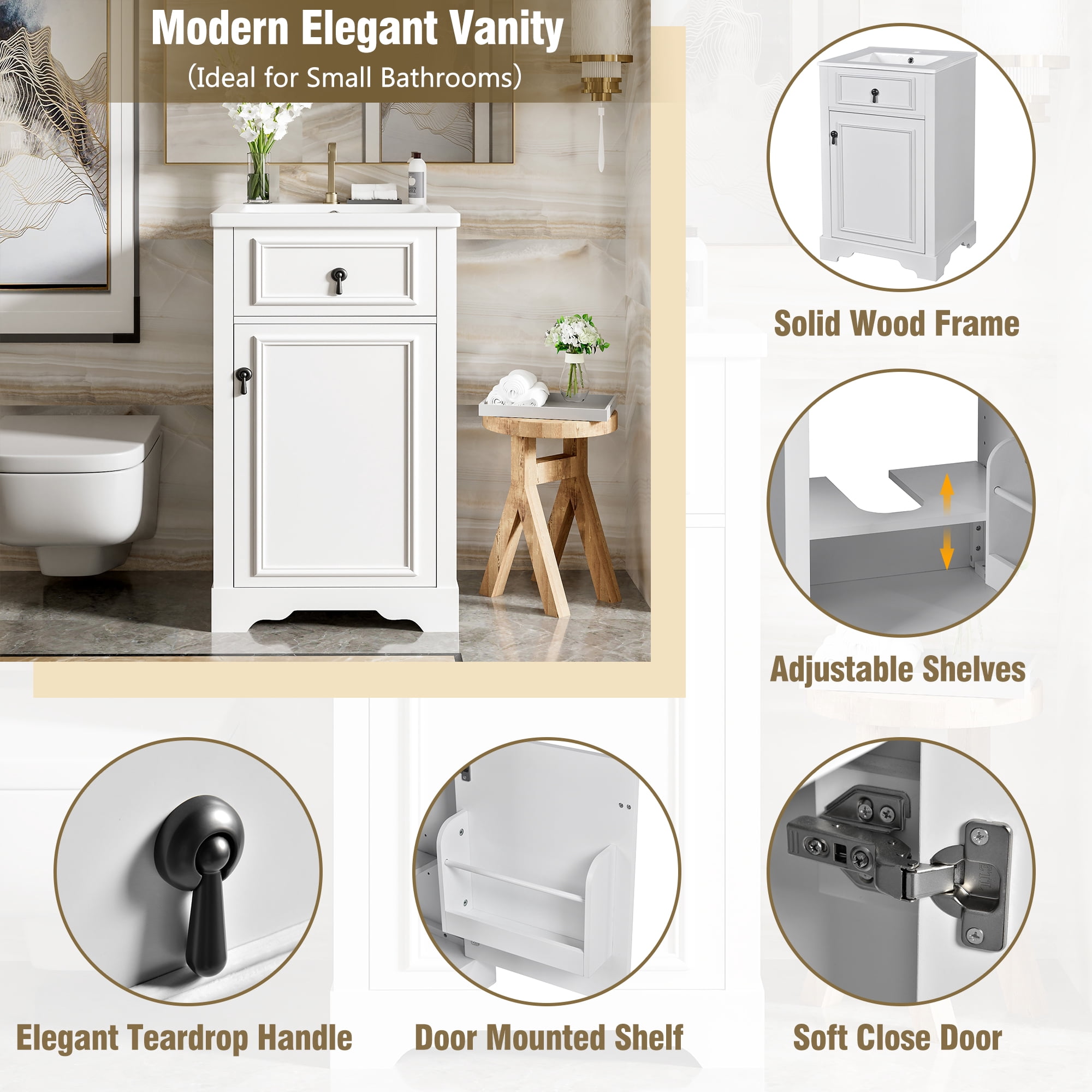 GARITIN Bathroom Vanity 20 Inch, Freestanding Single Vanity Set with Ceramic Sink and Soft Close Door for Small Bathroom, White