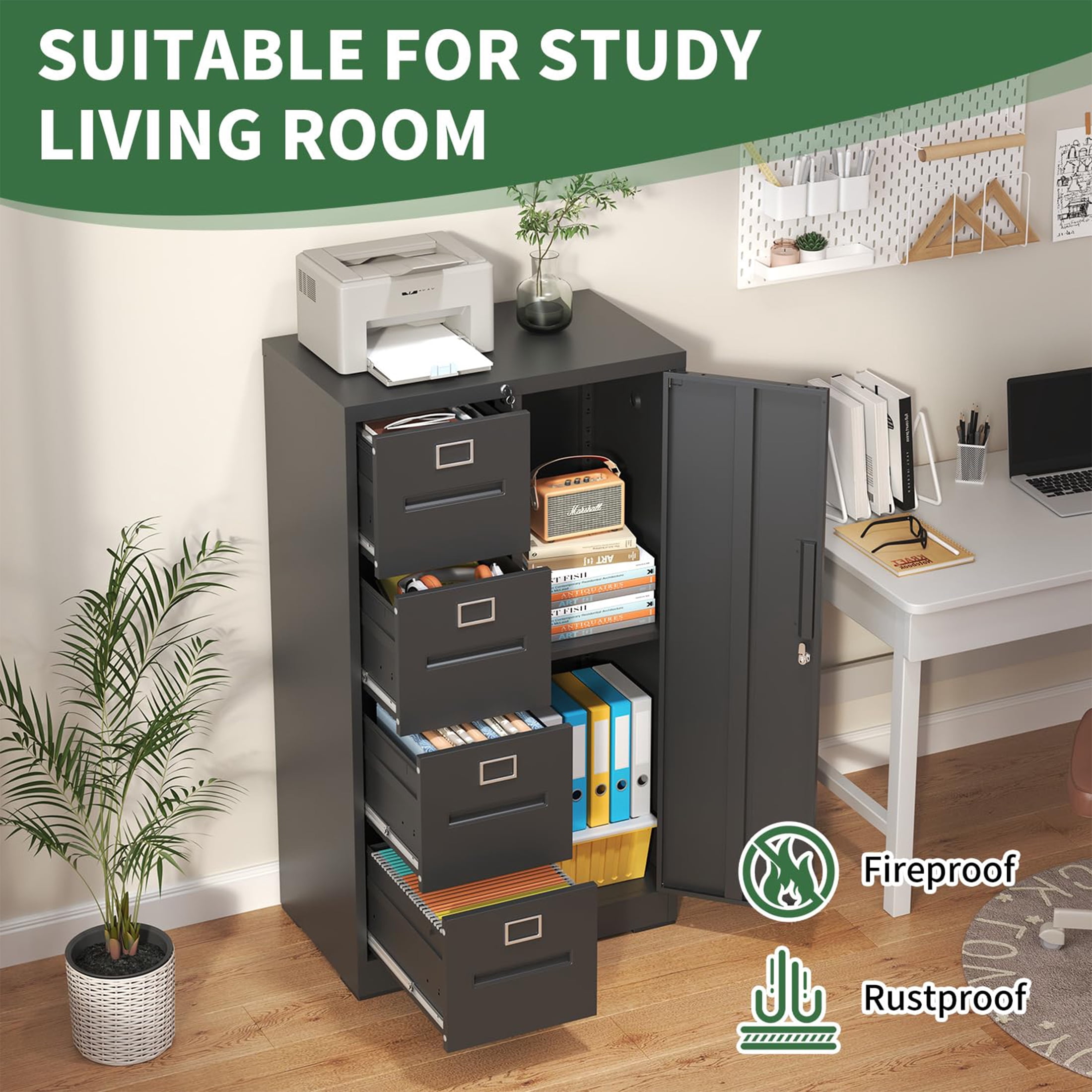 Innovation Works Lockable Metal File Cabinet with 4 Drawers & 1 Door, Storage Filing Cabinet for Home Office, A4 Legal/Letter Size, Assembly Required