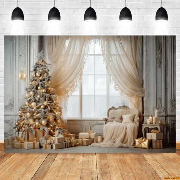 Christmas Party Photography Background Wood Door Snow Xmas Tree Window Gift Toys Family Baby Portrait Photocall Backdrop r