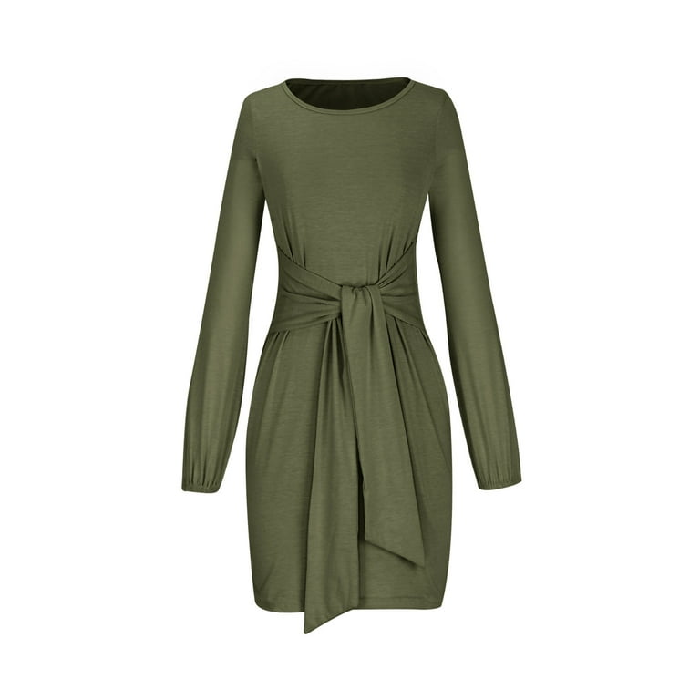 mini long sleeve wedding guest dress cfhntfmh Wedding Guest Dresses for Women Elegant Crewneck Lantern Long  Sleeve Mini Dress Front Knot Waisted Party Dress