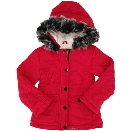 

Girls Fleece Sherpa Lined Coat Red Quilted Fur Trim Hooded Jacket