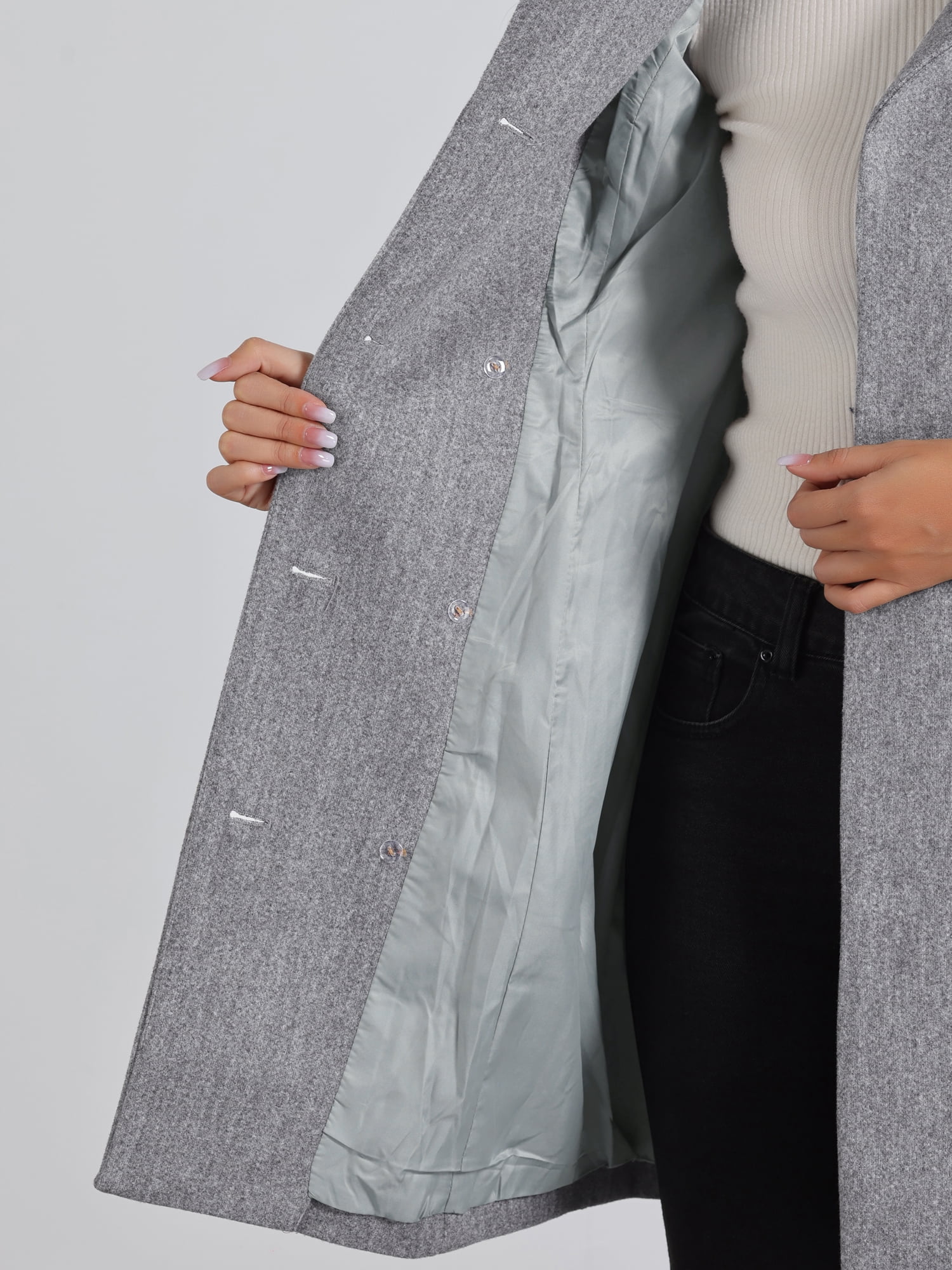 DARING DIVA Women's Double Breasted Slant Pocket Button Down Belted Coats Grey L